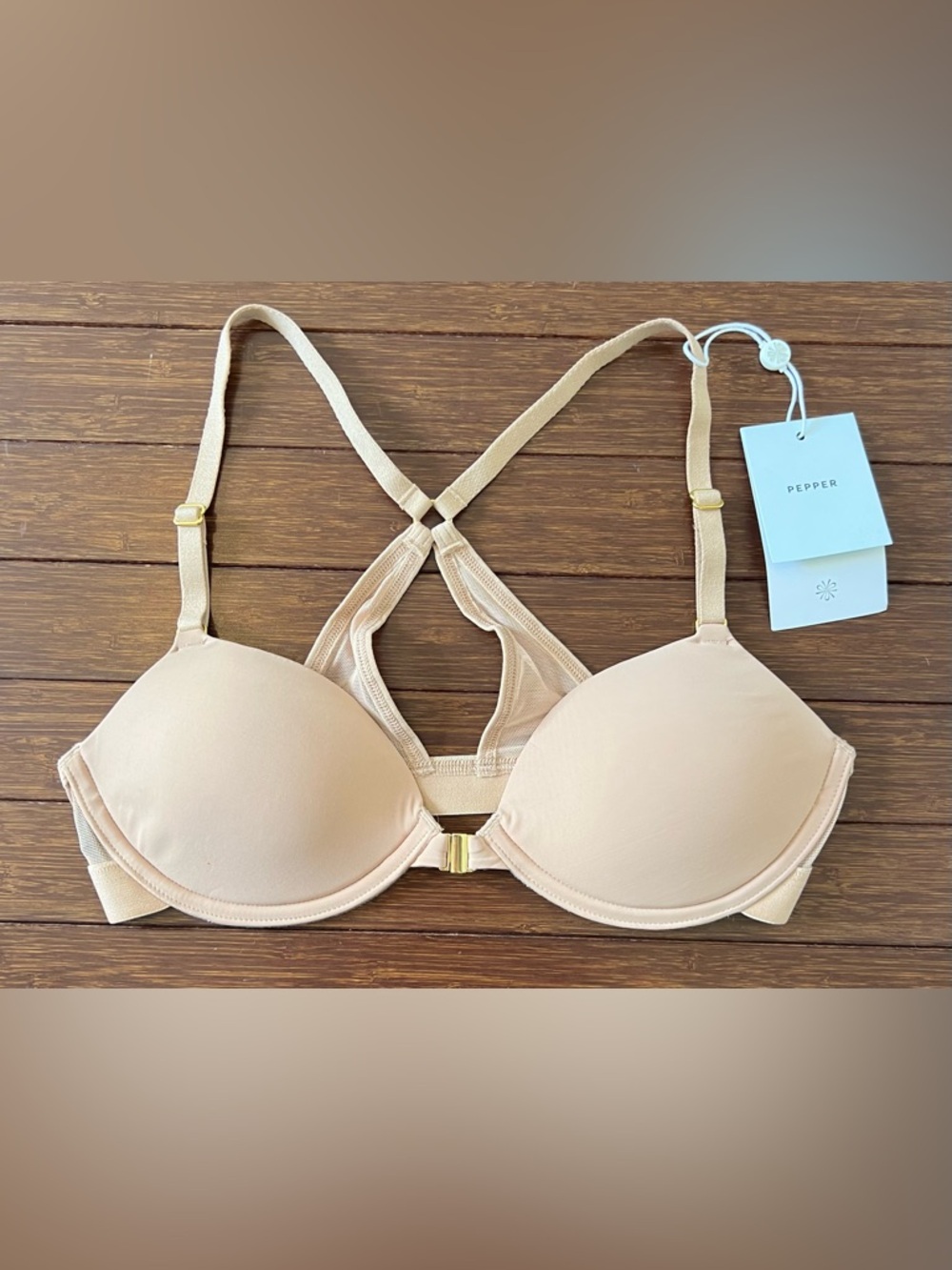 Pepper Racerback Lift Up Bra Buff size 32B New with Tags Front Clasp Adjustable